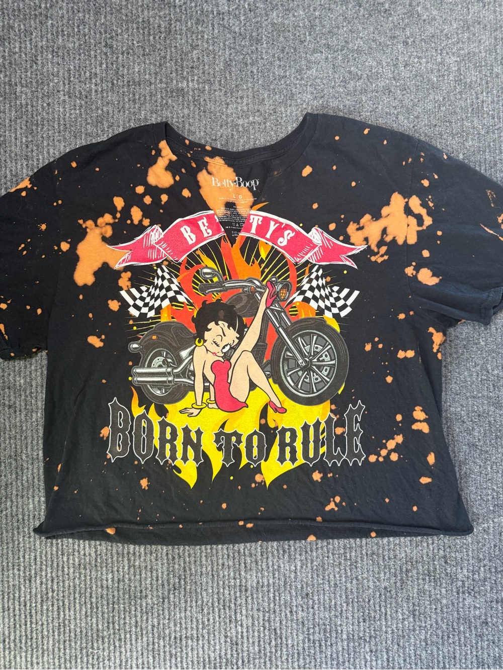 Betty Boop Black Orange Bleach Crop Top with Moto Graphic